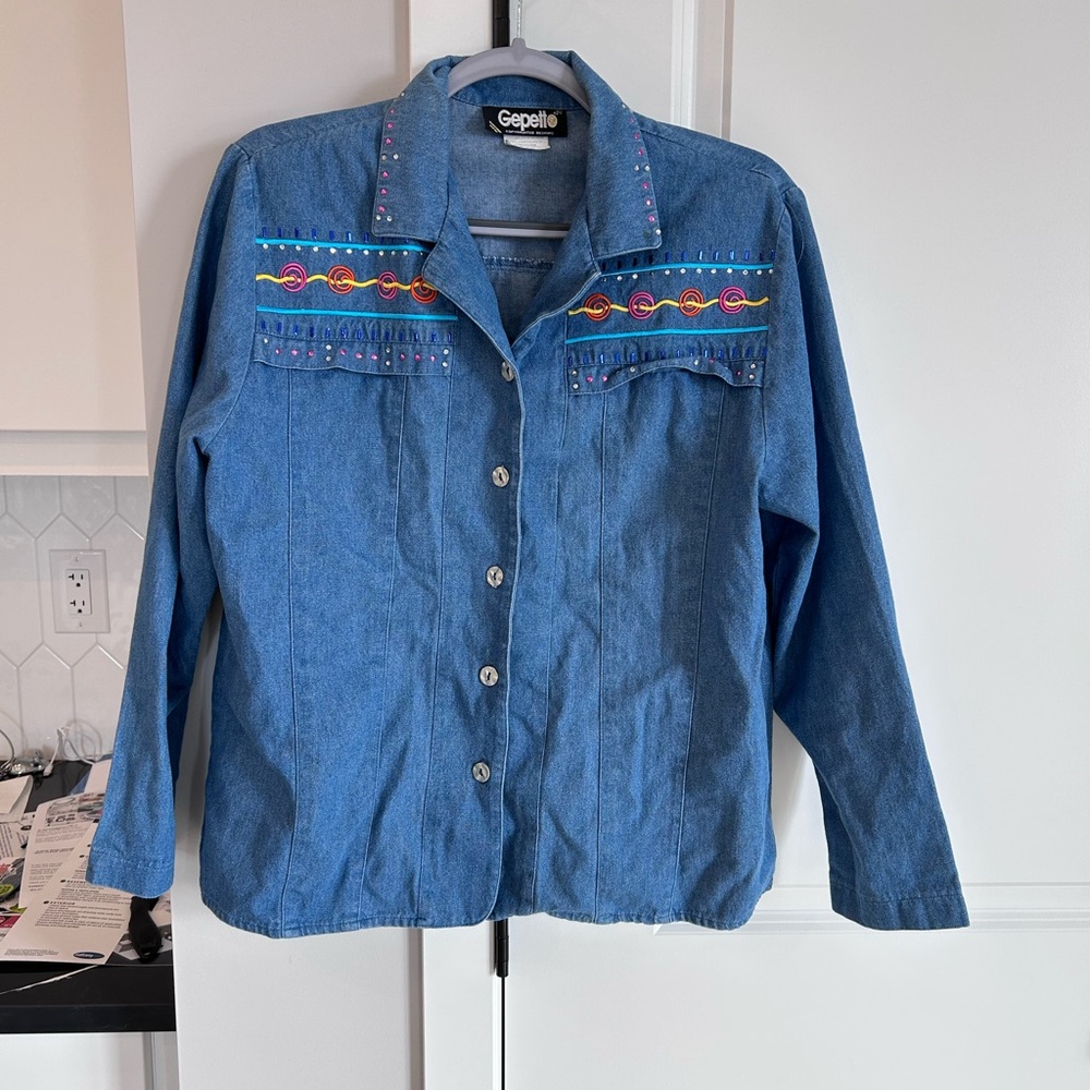 Gepetto Vintage Denim Long Sleeve  Top Blue Embroidered Western Cottagecore